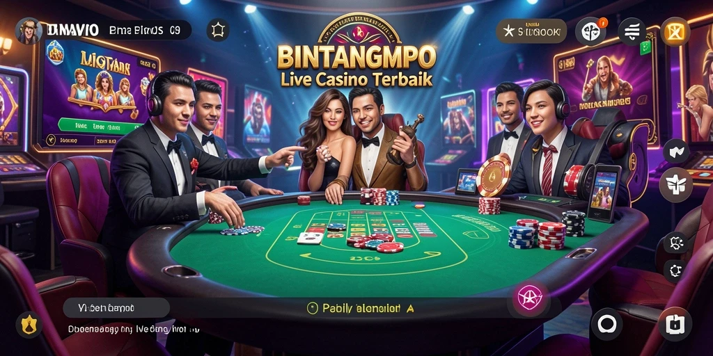 Screenshot gameplay menampilkan dealer dan permainan Live Casino yang menarik.