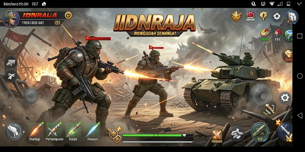 Screenshot utama IDNRAJA menampilkan aksi pertempuran strategi yang mendebarkan.