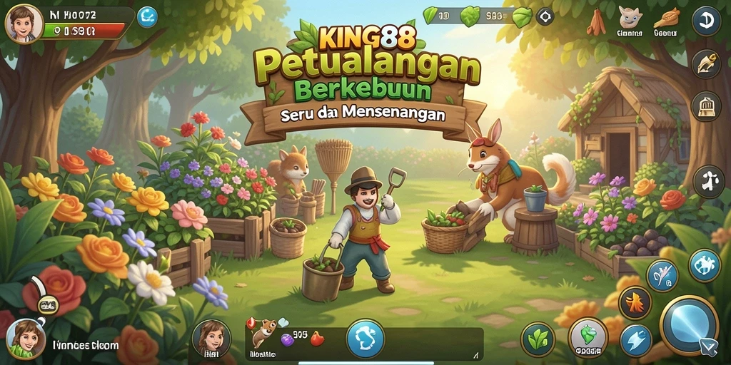 Tampilan gameplay KING88 dengan ladang luas dan aktivitas berkebun yang seru.