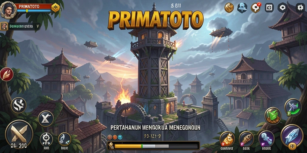 Tangkapan layar PRIMATOTO menampilkan aksi pertahanan menara yang seru dan intens.