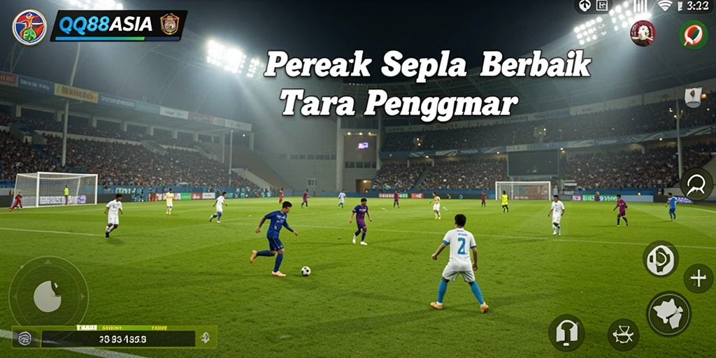Screenshot gameplay QQ88ASIA menampilkan aksi seru di lapangan sepak bola.