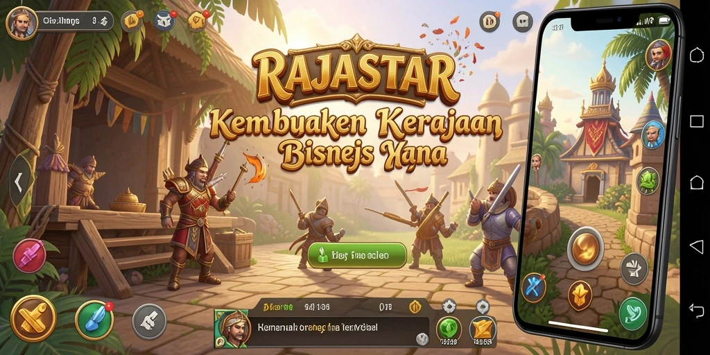 Tampilan gameplay <strong>RAJASTAR</strong> yang menarik dengan berbagai elemen bisnis.