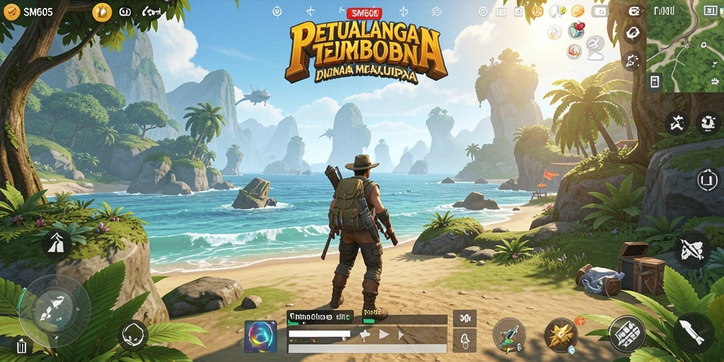 Screenshot dari gameplay SM605 yang menampilkan eksplorasi dunia terbuka.